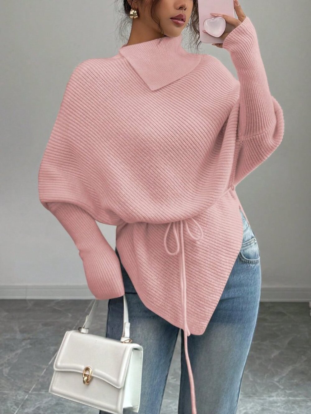 Pink Casual Women's Drawstring Rib-Knit Pullovers